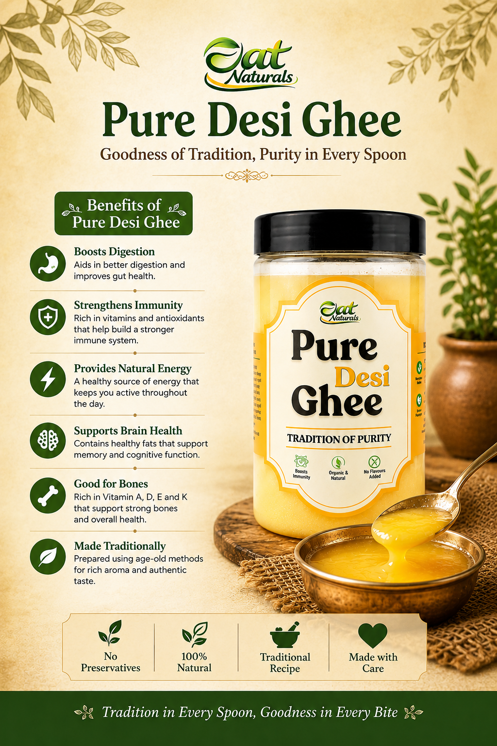 Pure Desi Ghee jar with golden ghee in spoon, highlighting organic, traditional, and natural benefits for health and immunity.