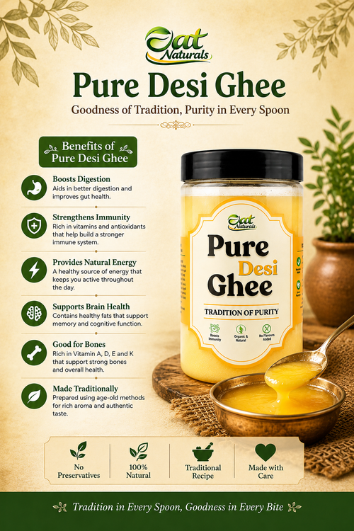 Pure Desi Ghee jar with golden ghee in spoon, highlighting organic, traditional, and natural benefits for health and immunity.
