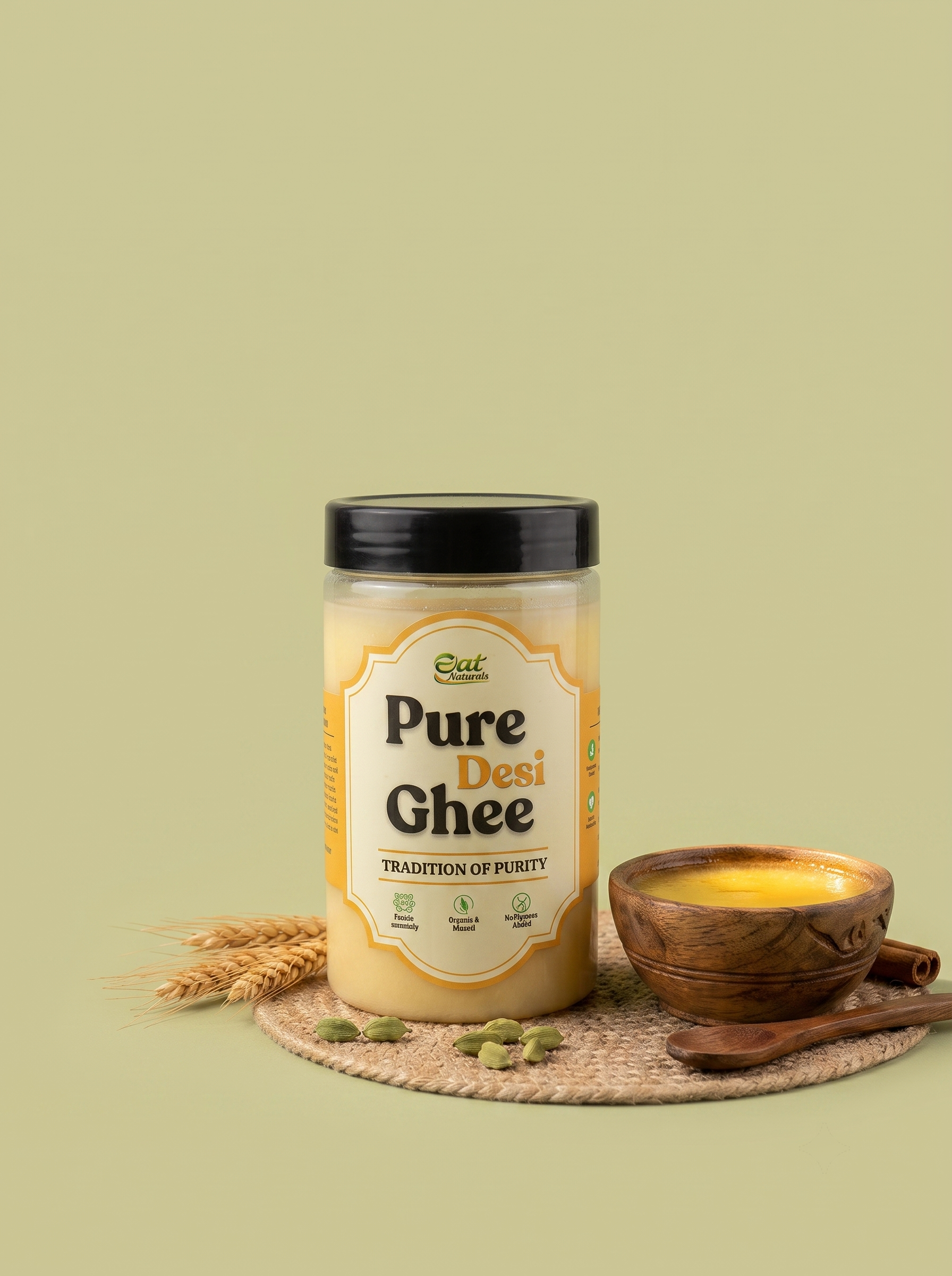 Pure Desi Ghee in jar with wooden bowl, cardamom, and wheat stalks, showcasing organic, homemade tradition