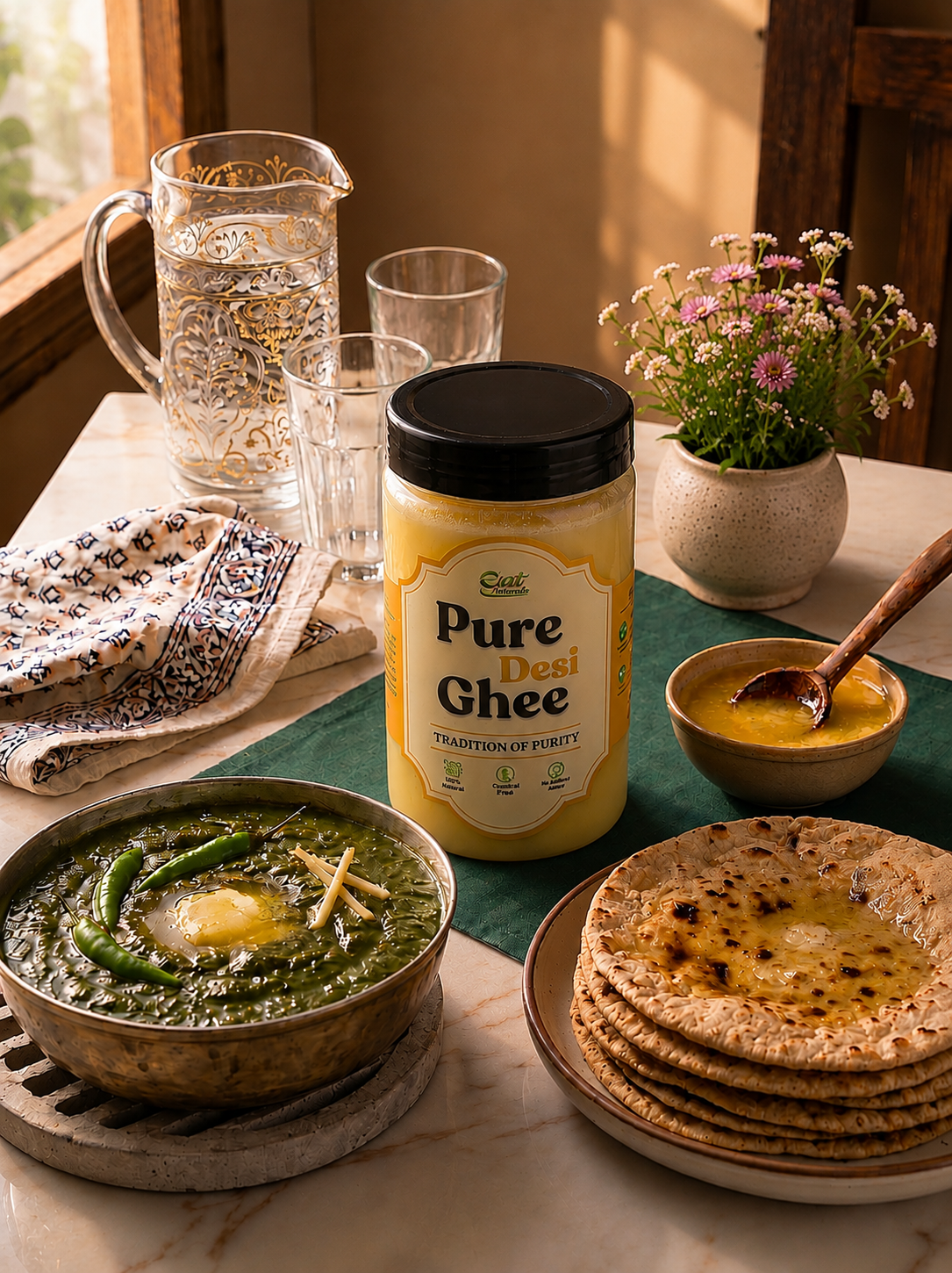 Pure Desi Ghee jar with saag, roti, and traditional table setting, showcasing organic homemade ghee for authentic Pakistani meals